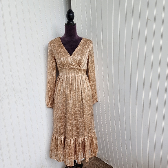 JAPNA Beige Tan Leopard Satin Midi Dress Long Sleeve Semi Sheer Tie Back Sz XS - Picture 1 of 12